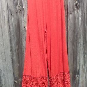 L&B slinky red wide leg pants with wide lace hem sz LG